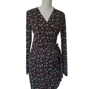 Lark & Ro Dark Floral Wrap Dress Size L Large